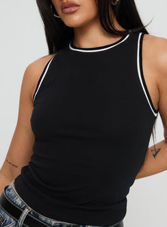 back view of model wearing Princess Polly Dazzling Tank Top Black Sleeveless Crew Neck 