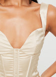 Satin crop top Fixed shoulder straps, boning through waist, zip fastening at back Non-stretch, fully lined
