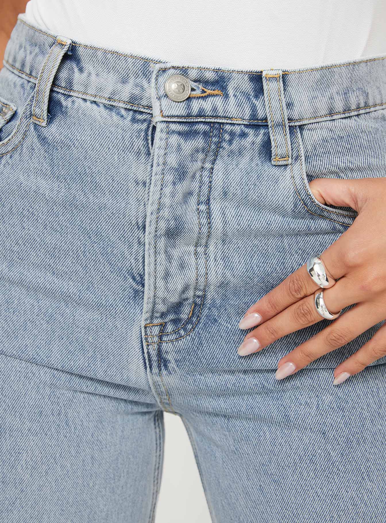 back view of model wearing Princess Polly Fawcett Jeans Light Wash Denim Tall High Waisted 