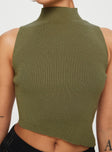 Front view of model wearing  front Princess Polly Sleeveless High Neck  Luttrell Top Green