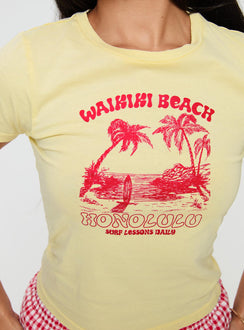 back view of model wearing Princess Polly Surf Club Tee Yellow Short Sleeves Crew Neck 