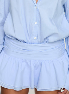 back view of model wearing Princess Polly Girls Girls Girls Mini Dress Blue V-Neck 