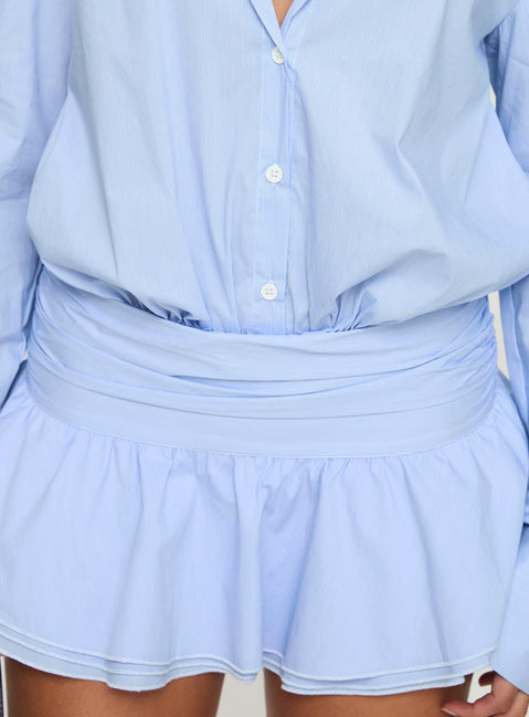 back view of model wearing Princess Polly Girls Girls Girls Mini Dress Blue V-Neck 