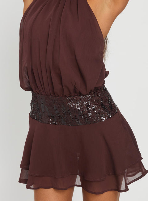 Zenayda Drop Waist Sequin Mini Dress Brown