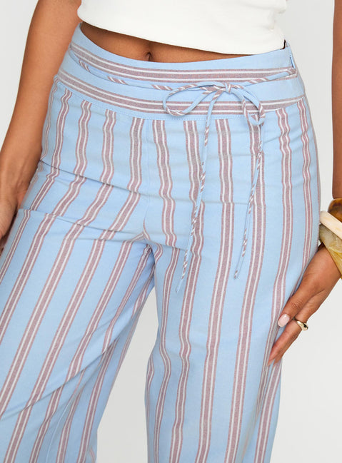 back view of model wearing Princess Polly Rush Hours Pants Blue Multi High Waisted Pants 