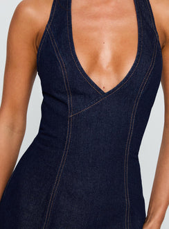 back view of model wearing Princess Polly Say Goodnight Denim Halter Mini Dress Mid Wash Plunger 