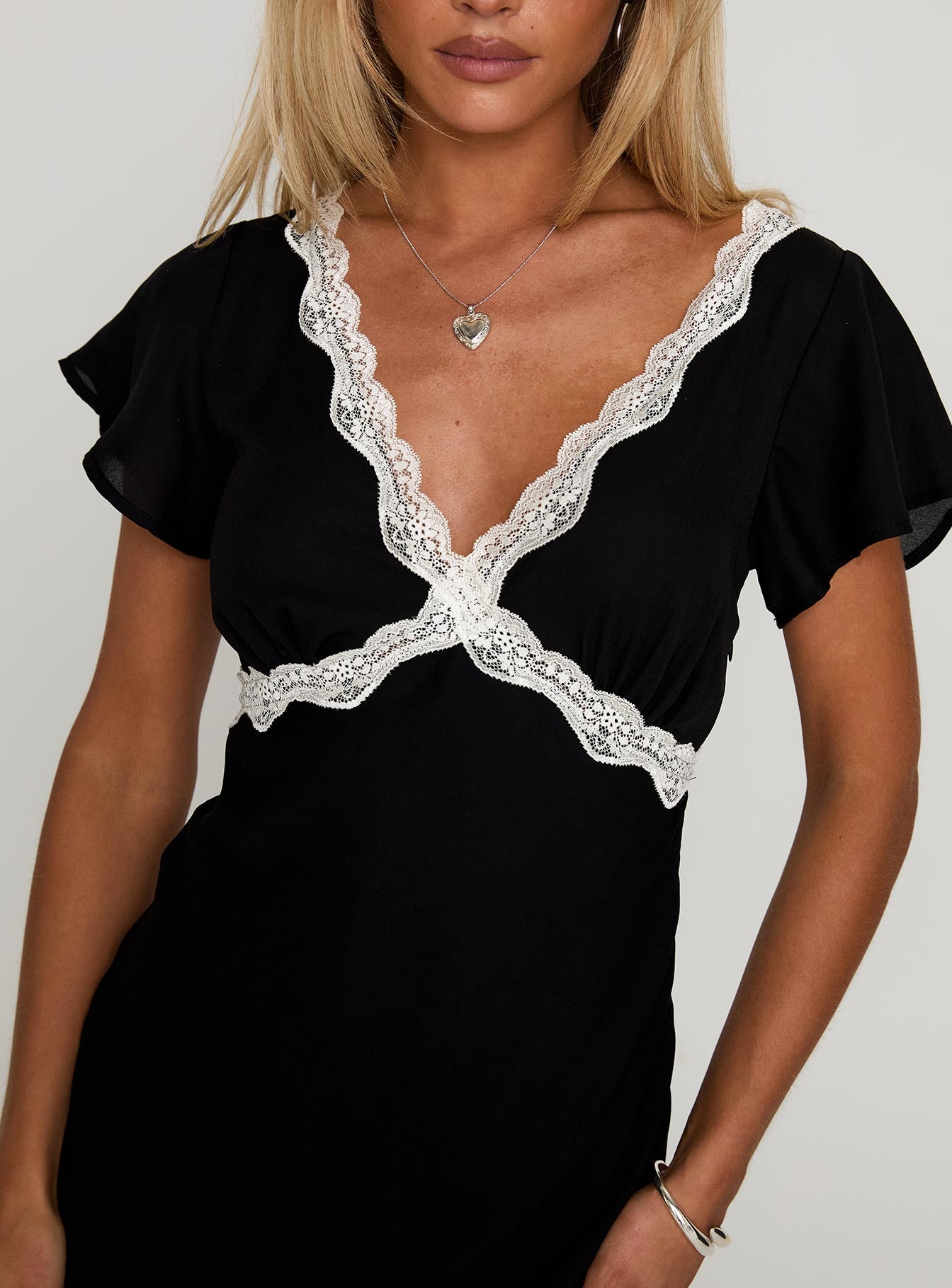 front view of model wearing Princess Polly Barbarita Lace Maxi Dress Black V-Neck 