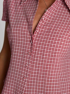 back view of model wearing Princess Polly Float Away Button Up Top Red Check Short Sleeves V-Neck 