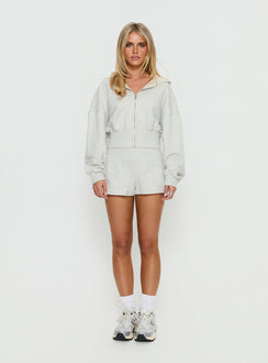 side view of model wearing Princess Polly Daytime Cropped Blouson Hoodie Snow Marle 