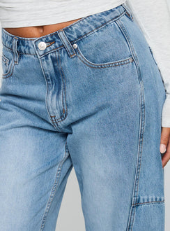 back view of model wearing Princess Polly Esperance Barrel Leg Jeans Vintage Blue High Waisted 