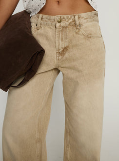 back view of model wearing Princess Polly Serenitia Mid Rise Relaxed Jeans Sandy Brown Wash Mid Rise Jeans 