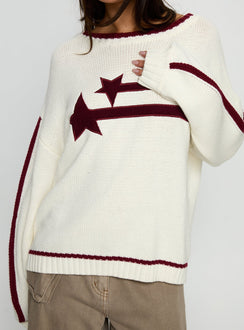 front view of model wearing Princess Polly Star Track Graphic Jumper Cream / Red Longline Jumpers 