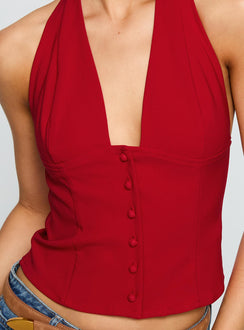 back view of model wearing Princess Polly Serefina Halter Top Red Sleeveless Plunger 