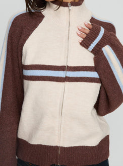 back view of model wearing Princess Polly Lexanne Zip Through Knit Jumper Cream Multi regular 