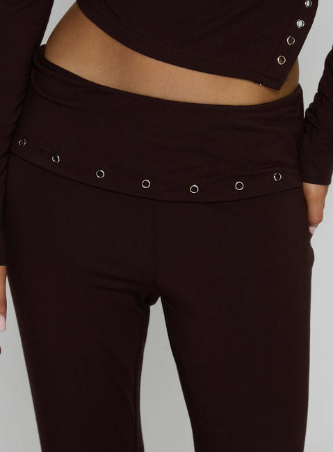 back view of model wearing Princess Polly Wynna Eyelet Foldover Pants Chocolate Low Rise Pants 