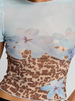 product Princess Polly Pop Quiz Mesh Top Blue / Leopard Short Sleeves Crew Neck 