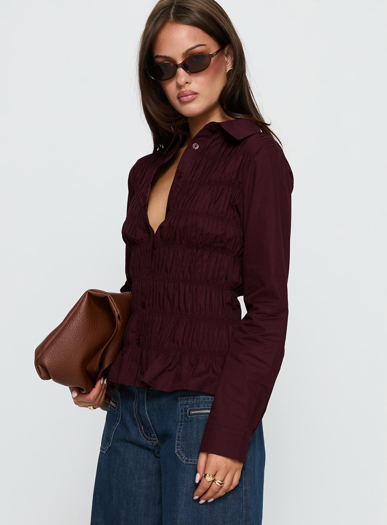 Cultivate Shirred Long Sleeve Top Plum