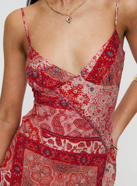back view of model wearing Princess Polly Sugar Plum Maxi Dress Red Paisley V-Neck 