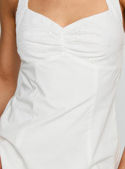 back view of model wearing Princess Polly Journey On Halter Mini Dress White Sweetheart Neckline 