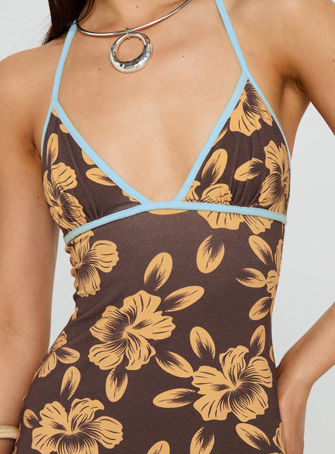 Mishie Halter Mini Dress Brown / Blue Floral