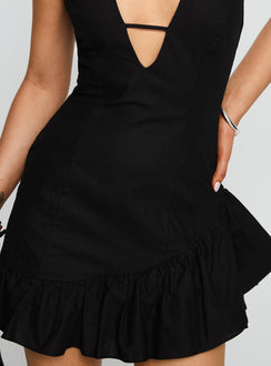 back view of model wearing Princess Polly Solistaire Halter Mini Dress Black Plunger 