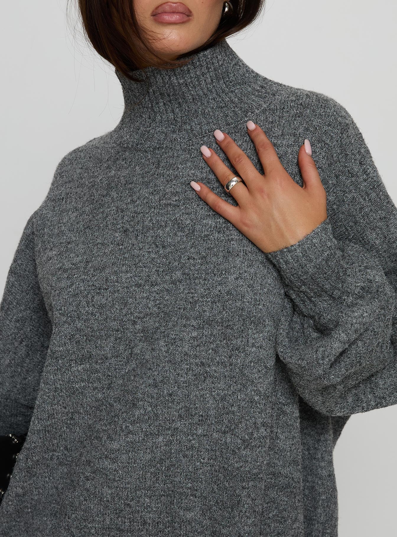 front view of model wearing Princess Polly Patrizia Funnel Neck Knit Sweater Grey Long 