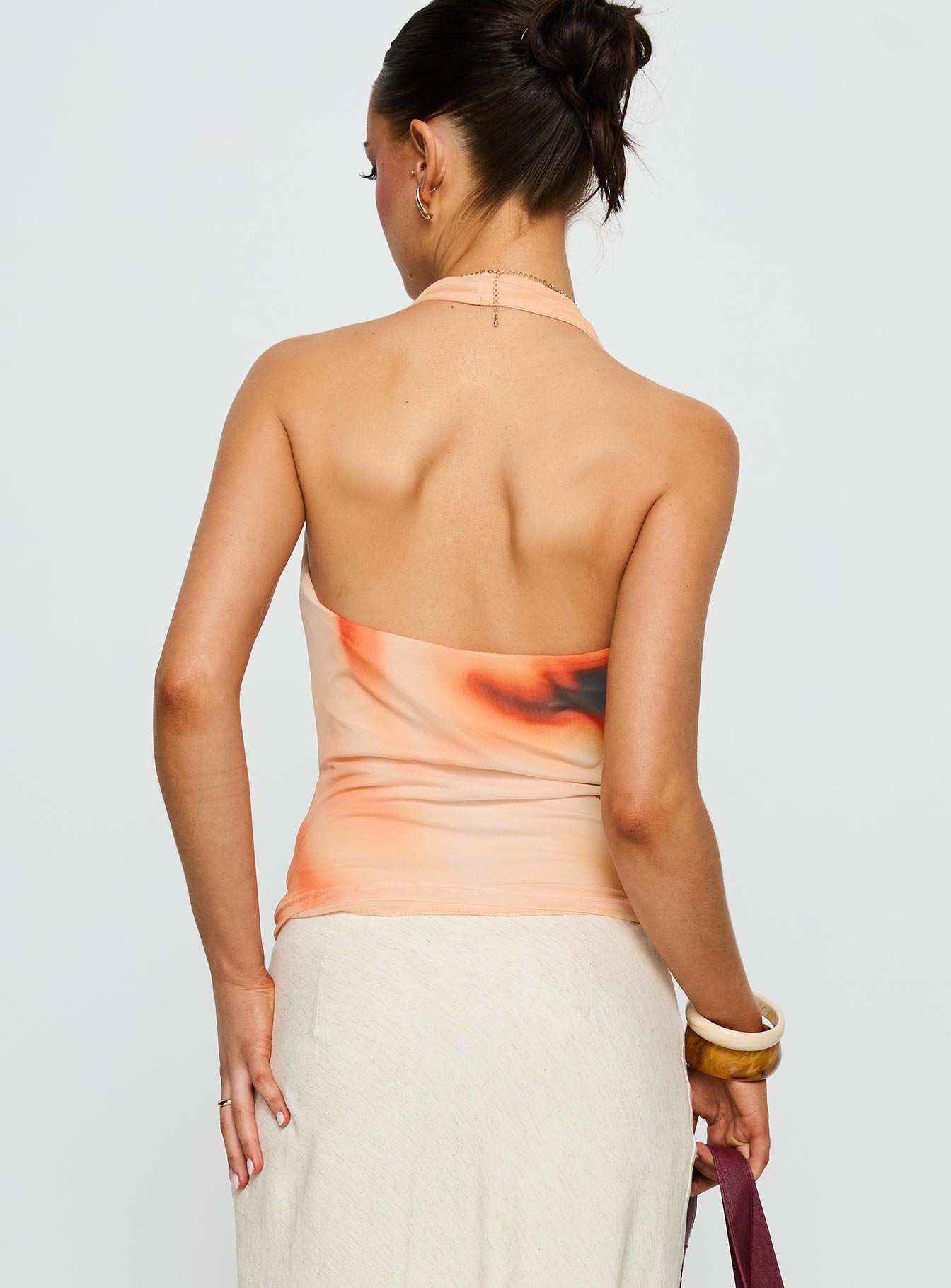 back view of model wearing Princess Polly Do It Again Cowl Neck Top Orange Multi Sleeveless Cowl 