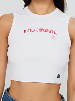 back view of model wearing Princess Polly Boston University Cutoff Tank Top White Sleeveless Crew Neck 