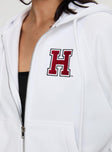 back view of model wearing Princess Polly Harvard Raglan Zip Up White / Red 