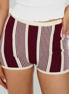back view of model wearing Princess Polly Annisten Knit Shorts Red / Cream Stripe High Waisted Shorts 