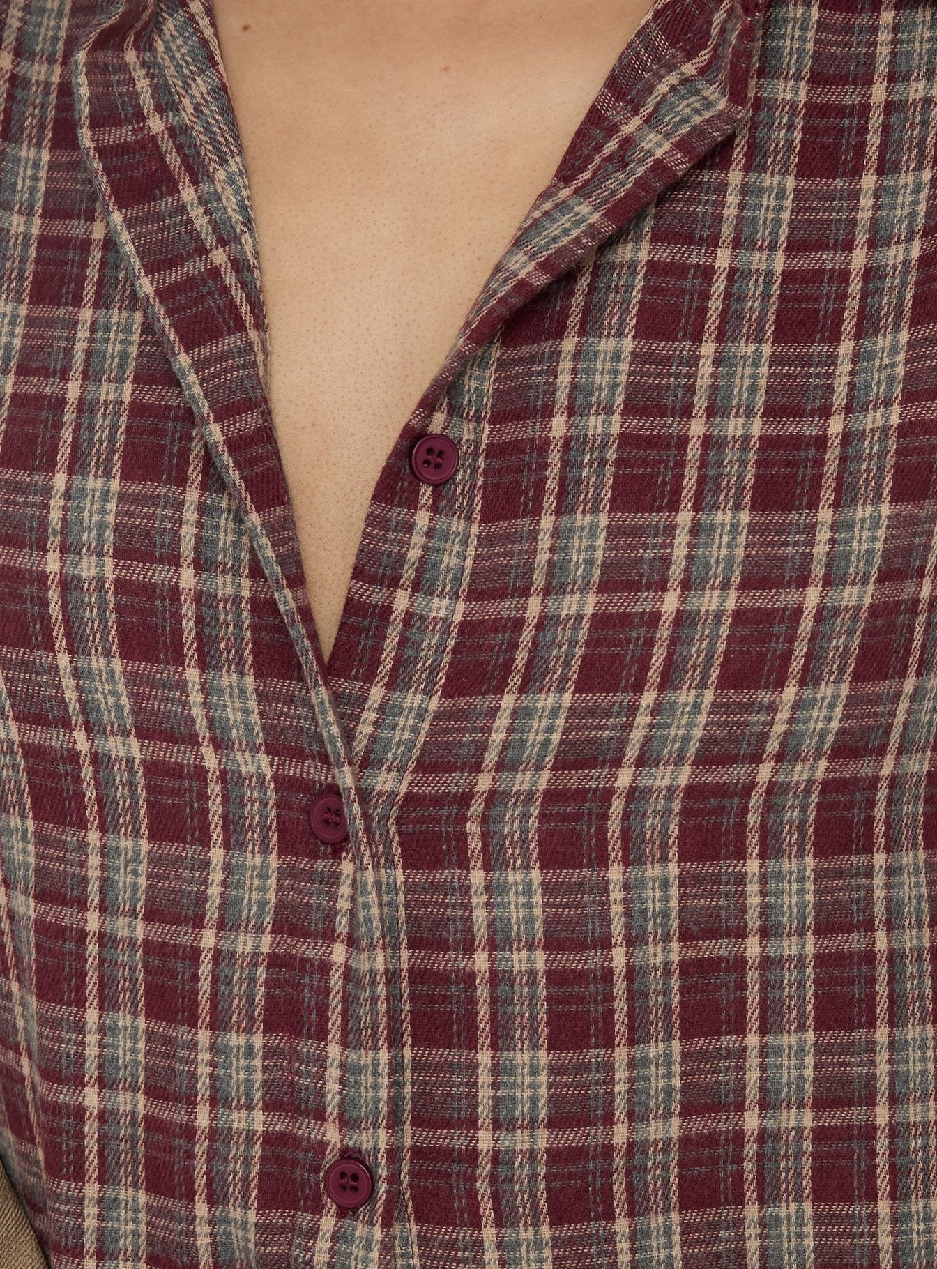 Caydence Long Sleeve Button Down Flannel Top Burgundy Check