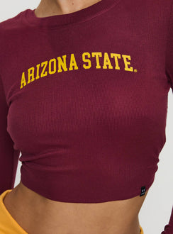 side view of model wearing Princess Polly ASU Bring It Back Top Maroon Full Sleeves Crew Neck 