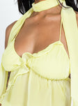 Front view of model wearing  front Princess Polly Sleeveless Sweetheart  Demi Frill Top Yellow