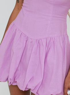 back view of model wearing Princess Polly Cicely Bubble Hem Mini Dress Lilac Crew Neck 
