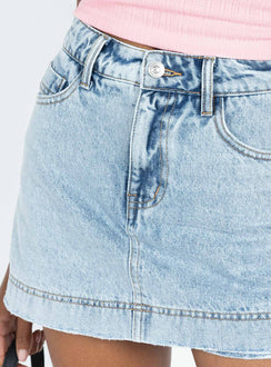 back view of model wearing Princess Polly Heuston Skort Denim Lower Impact High Waisted Shorts 