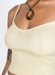 Front view of model wearing  front Princess Polly Sleeveless Asymmetric Neckline  Marian Knit Tank Top Beige