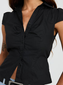 back view of model wearing Princess Polly Arianwyn Short Sleeve Shirt Black Short Sleeves V-Neck 