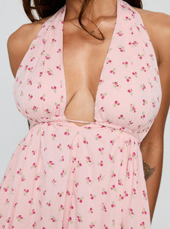 back view of model wearing Princess Polly Saddler Mini Dress Pink Floral Plunger 