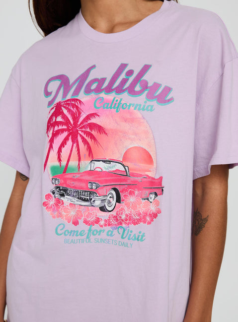 front view of model wearing Princess Polly Malibu Sunset Oversized Graphic Tee Purple Half Sleeves Crew Neck 