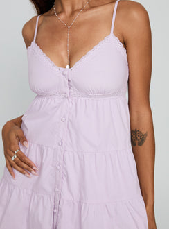 back view of model wearing Princess Polly Tylie Tiered Mini Dress Lilac Sweetheart Neckline 