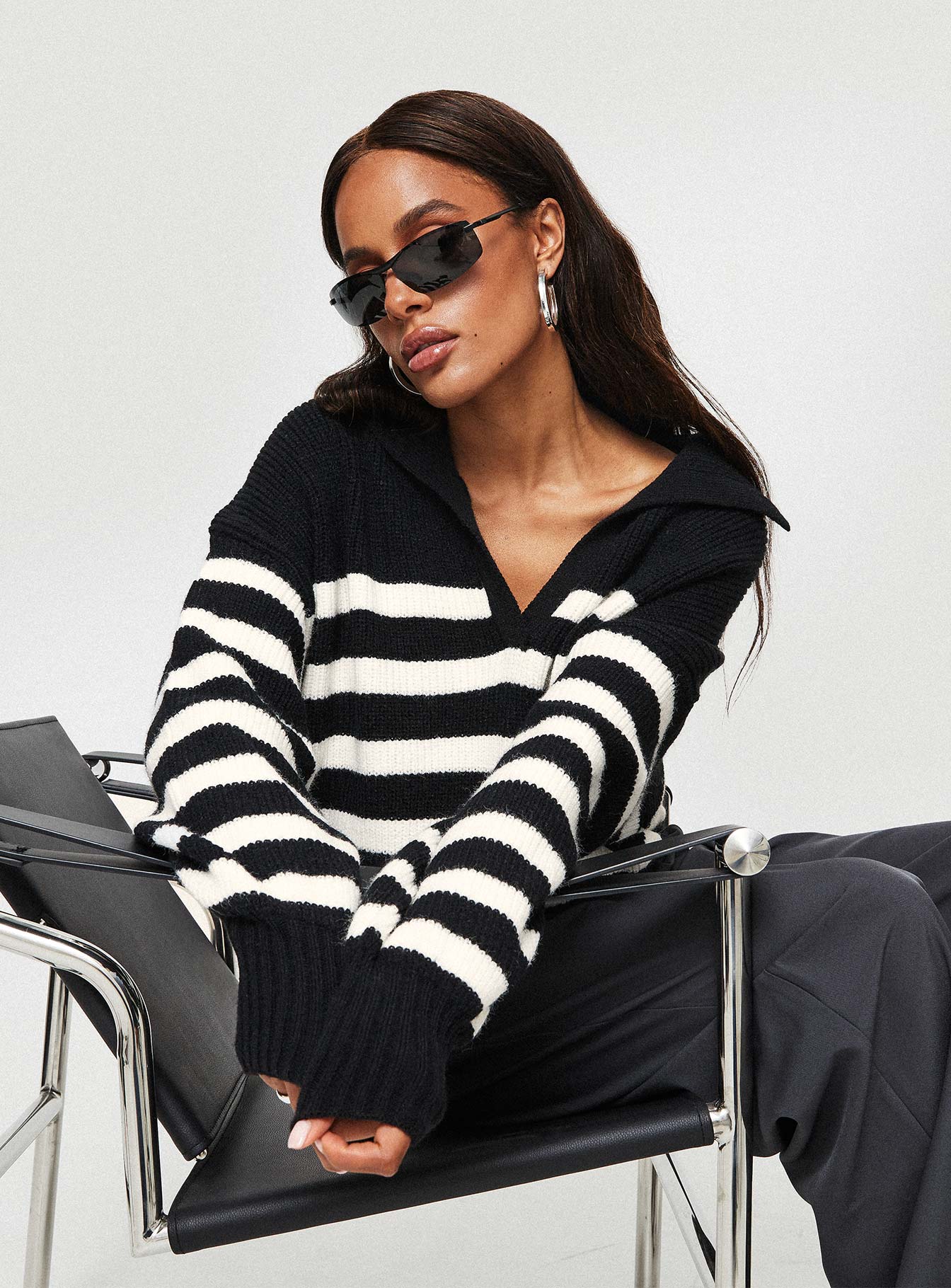 side view of model wearing Princess Polly Williamson Stripe Sweater Black / Cream 