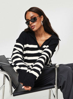 side view of model wearing Princess Polly Williamson Stripe Sweater Black / Cream 