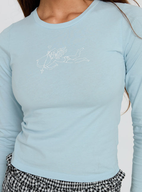 back view of model wearing Princess Polly Baby Cupid Long Sleeve Graphic Top Washed Blue Full Sleeves Crew Neck 