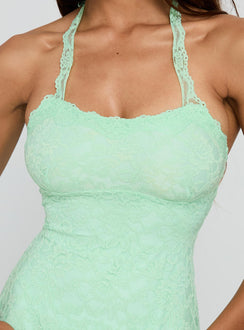 back view of model wearing Princess Polly Front Page Halter Lace Mini Dress Aqua Square Neck 