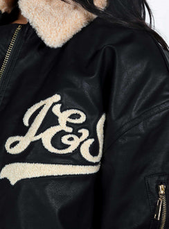 Bomber jacket Faux leather material Fleece detailing Gold toned hardware Classic collar Zip fastening at front Twin hip pockets  Elasticated cuff and waistband