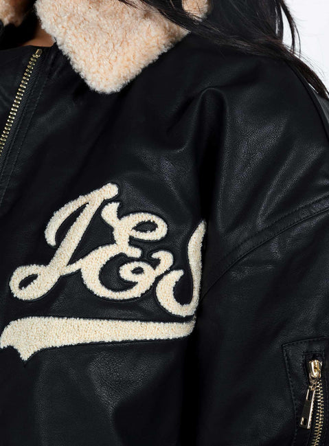 Bomber jacket Faux leather material Fleece detailing Gold toned hardware Classic collar Zip fastening at front Twin hip pockets  Elasticated cuff and waistband