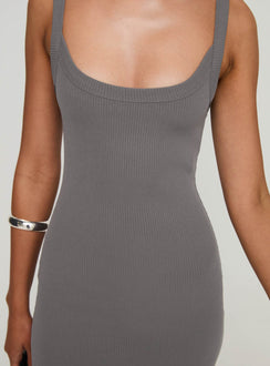 back view of model wearing Princess Polly Montwood Maxi Dress Charcoal Scoop Neck 