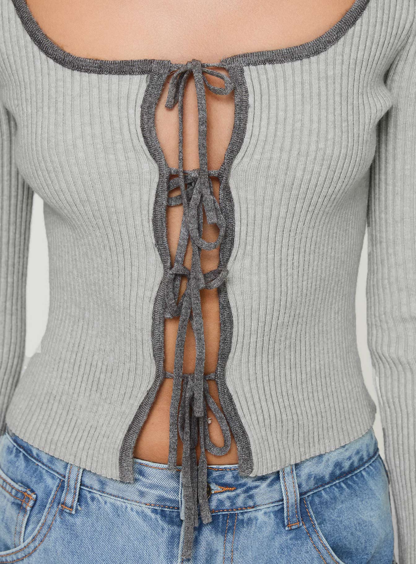 back view of model wearing Princess Polly Tahlea Long Sleeve Top Grey Full Sleeves Scoop Neck 