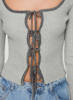 back view of model wearing Princess Polly Tahlea Long Sleeve Top Grey Full Sleeves Scoop Neck 