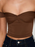 back view of model wearing Princess Polly Larisha Off The Shoulder Top Brown Short Sleeves Sweetheart 